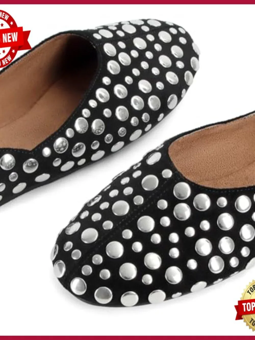 Studded Faux Suede Ballet Flats Slip On Round Toe Comfortable Office Casual